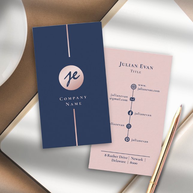 Modern marin blå och  Guld i Rosa ros Visitkort (Modern Navy Blue & Blush Pink Rose Gold Monogram Business Card)