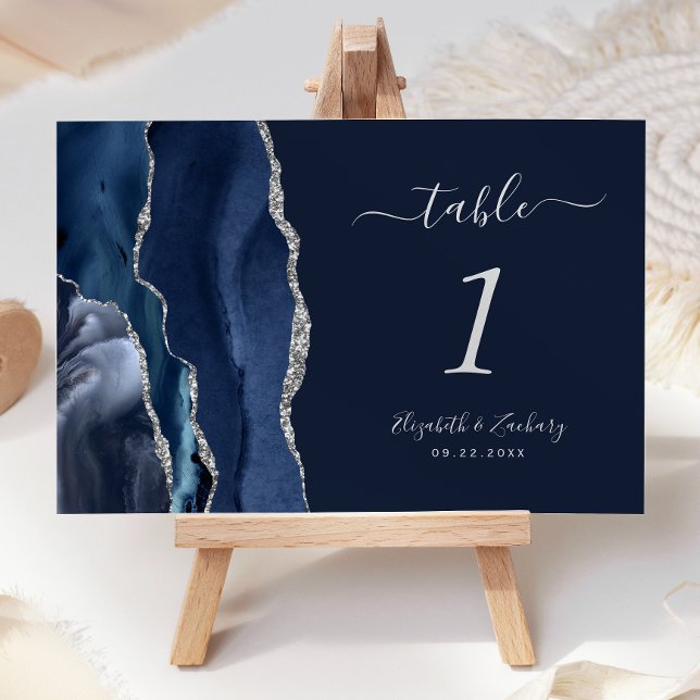 Modern marin blå Silver-agate Bröllop Bordsnummer (Skapare uppladdad)