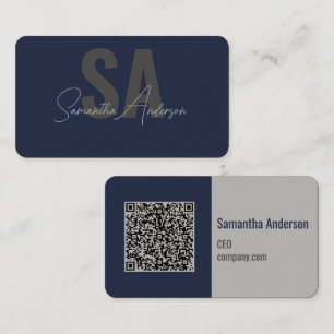 Modern marin blå & Silver med QR-kod   Visitkort