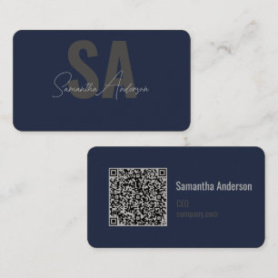 Modern marin blå & Silver med QR-kod Visitkort