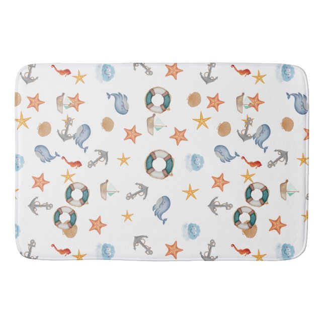 Modern marin bläckfisk strandankare vit badrumsmatta (Framsidan)