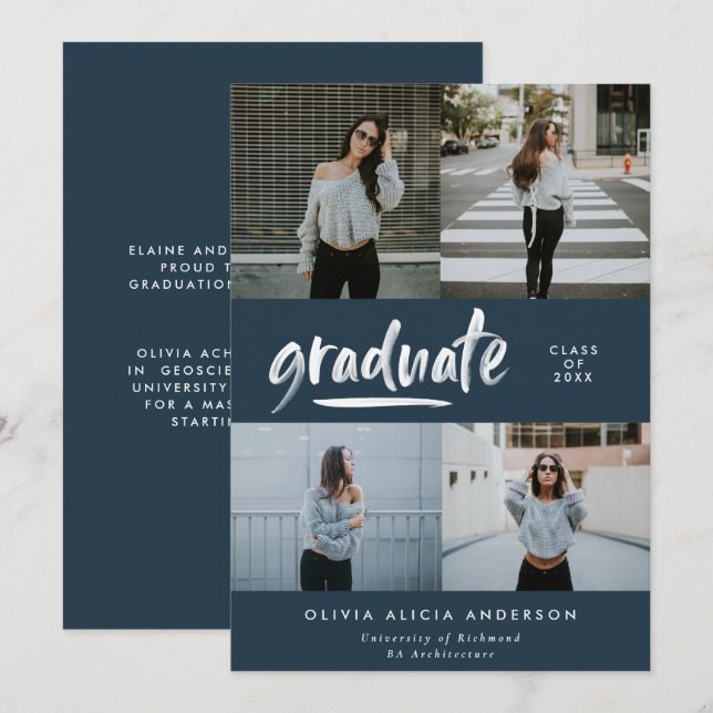 Modern marin blåskript 4 foto snyggt studenten inbjudningar (Fram/baksida)