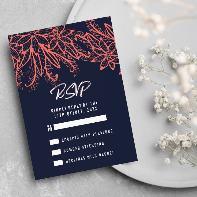 Modern marin Bröllop OSA för blå korallsommartid (Modern navy blue coral summer floral Wedding RSVP )