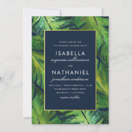 Modern marin och Grönt Tropical Löv Bröllop Inbjudningar