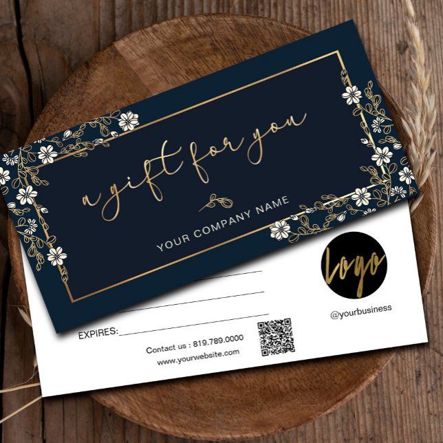 Modern marin och Guld, lägg till Logotyp Gift-cert (Modern Navy And Gold Add Logo Gift Certificate #floralgiftcard #navyandgold #addlogo #fauxgold)