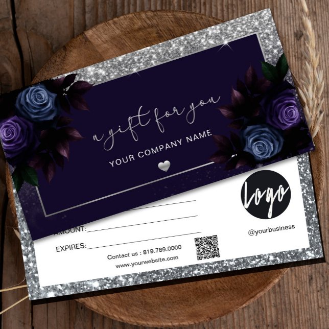 Modern marin och Silver, lägg till Logotyp Gift-ce (Add a touch of elegance with our navy and silver gift certificates –where your logo stands out style)