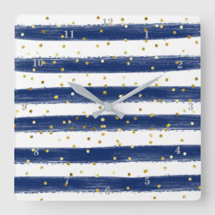 Modern marin, vit, Guld Rand, Konfetti Clock Fyrkantig Klocka