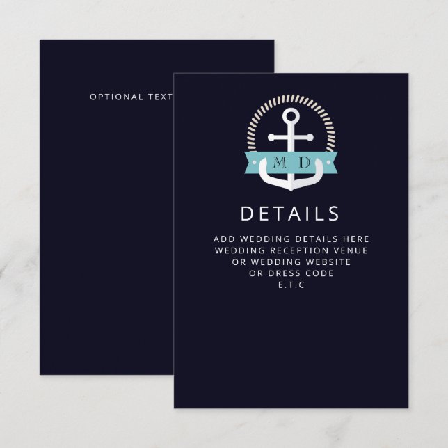 Modern marinanchor Nautical Monogram Bröllop Tilläggskort (Fram/baksida)