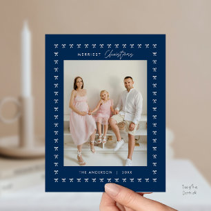 Modern marinblå bård familjefoto jul vykort