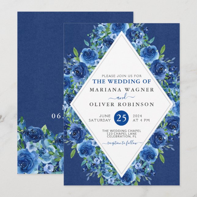 Modern marinblå blomsterbröllopsinbjudan inbjudningar (Fram/baksida)