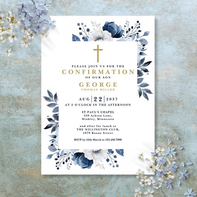 Modern marinblå botanisk blomsterbekräftelse inbjudningar (Navy Blue Floral Botanical Modern Confirmation Invitation)