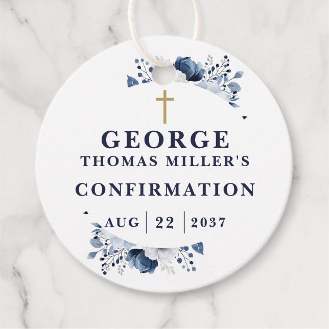 Modern marinblå botanisk dopfavorit gåvor etiketter (Framsida)