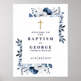 Modern marinblå botanisk dopvälkomstskylt poster