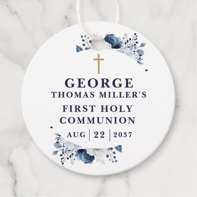 Modern marinblå botanisk första kommunion gåvor etiketter (Framsida)