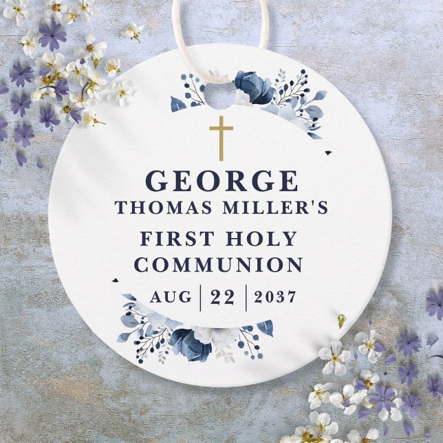 Modern marinblå botanisk första kommunion gåvor etiketter (Navy Blue Botanical Modern First Holy Communion Favor Tags)