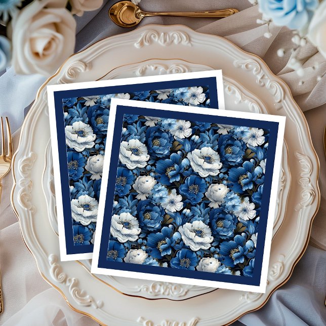 Modern marinblå elfenbensvit blomsterbröllopspappe pappersservett (Modern Navy Blue Ivory Floral Wedding Paper Napkins)
