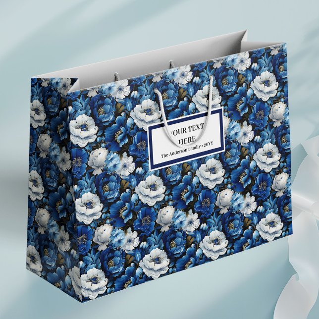 Modern marinblå elfenbensvitt blomsterdekorativ pr (Modern Navy Blue Ivory Floral Decorative Gift Bag)