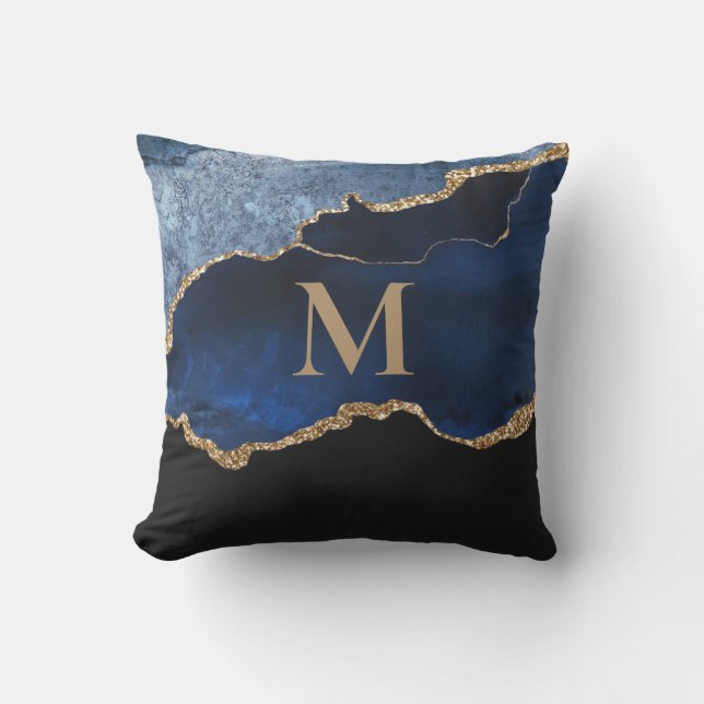 Modern marinblå guld marmorerad glittermonogram kudde (Framsida)