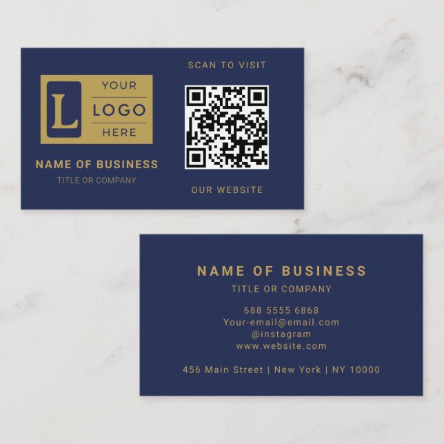 Modern Marinblå Guld QR-kod Anpassad Logotyp Visitkort (Fram/baksida)
