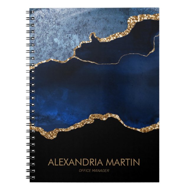 Modern marinblå guldmarmor glitter kontor  anteckningsbok (Framsidan)
