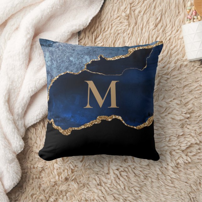 Modern marinblå guldmarmor glitter monogram thr kudde (Filt)