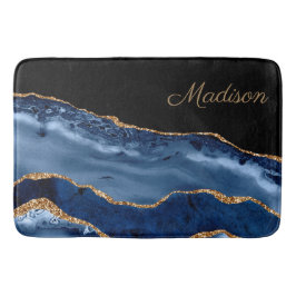Modern marinblå guldmarmor glittermonogram badrumsmatta
