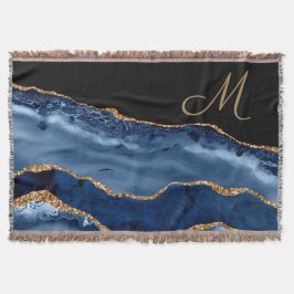 Modern marinblå guldmarmor glittermonogram filt