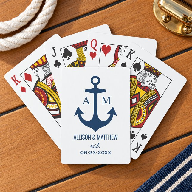 Modern marinblå nautisk ankarmonogram casinokort (Skapare uppladdad)