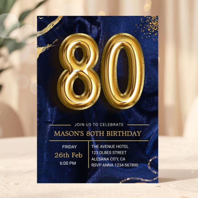 Modern marinblå och guld 80-års inbjudan (milestone bday bash invite, women or male man birthday, elegant modern golden invite, gold glitter d)