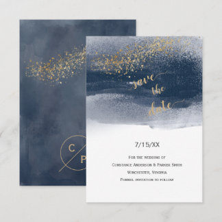 Modern marinblå och guld penseldrag Save the Date