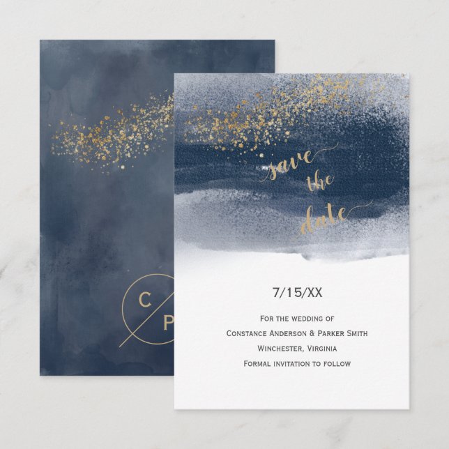 Modern marinblå och guld penseldrag Save the Date (Fram/baksida)