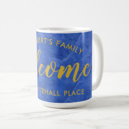 Modern marinblå och guld personlig namn och adress kaffemugg