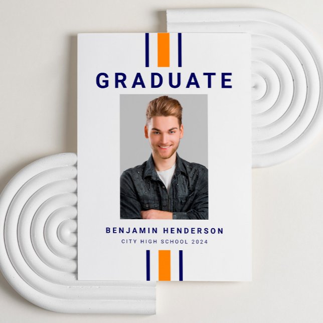 Modern marinblå och orange fotoexamen meddelande (Modern Navy Blue And Orange Photo Graduation Announcement)