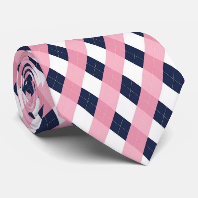 Modern marinblå och rosa argyle-mönstrad slips (Rullad)
