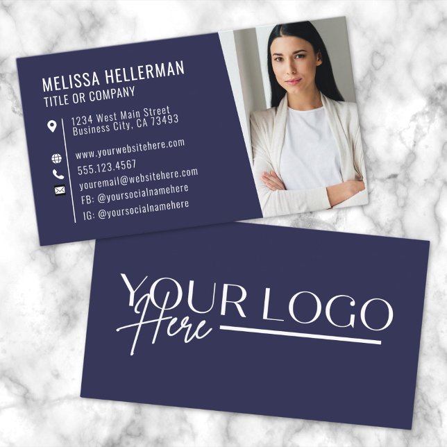 Modern Marinblå Professionell Fotologotyp Visitkort (Modern Navy Blue Professional Photo Logo Business Card)