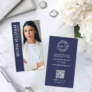 Modern Marinblå Professionell QR-kod Fotologo Visitkort