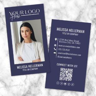 Modern Marinblå Professionell QR-kod Fotologo Visitkort