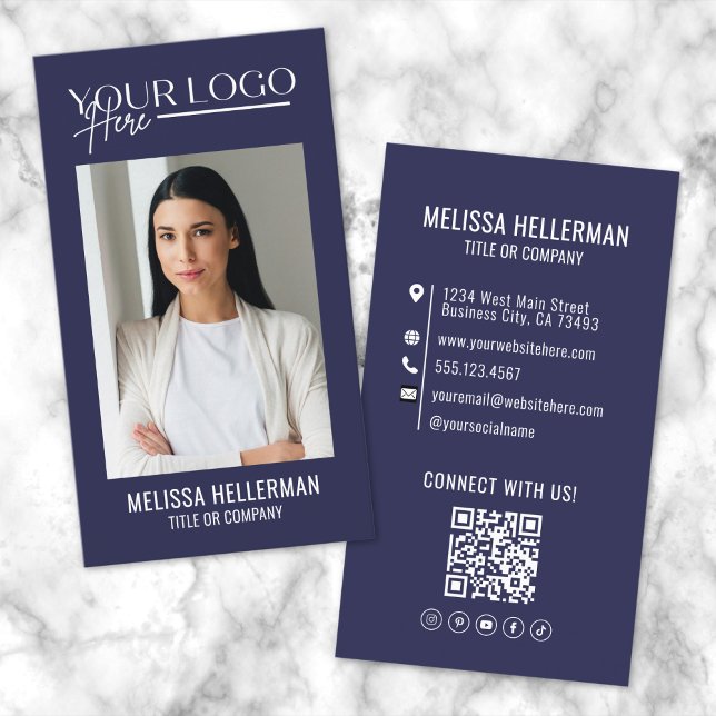 Modern Marinblå Professionell QR-kod Fotologo Visitkort (Modern Navy Blue Professional QR Code Photo Logo Business Card )