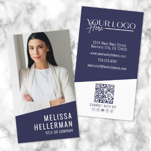 Modern Marinblå Professionell QR-kod Fotologo Visitkort