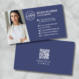 Modern Marinblå Professionell QR-kod Fotologo Visitkort