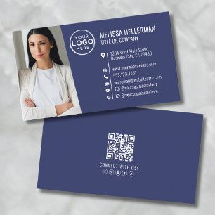 Modern Marinblå Professionell QR-kod Fotologo Visitkort