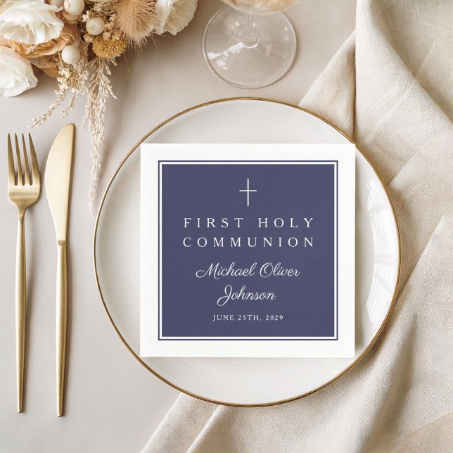 Modern marinblå religiös pojke första kommunion pappersservett (Modern Navy Blue Religious Boy First Communion Napkins)