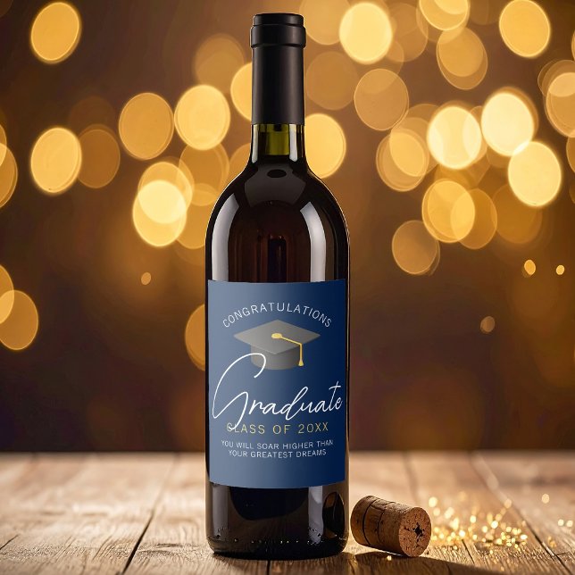 Modern marinblå student examensfest vinflaska etikett (Skapare uppladdad)