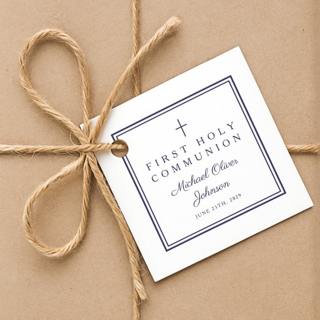 Modern marinblå tack pojke första nattvard gåvor etiketter (Modern Navy Blue Thank You Boy First Communion Favor Tags)