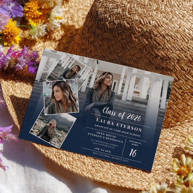 Modern marinblått minimalistiskt foto studenten inbjudningar (Modern navy blue minimalist photo graduation invitation)