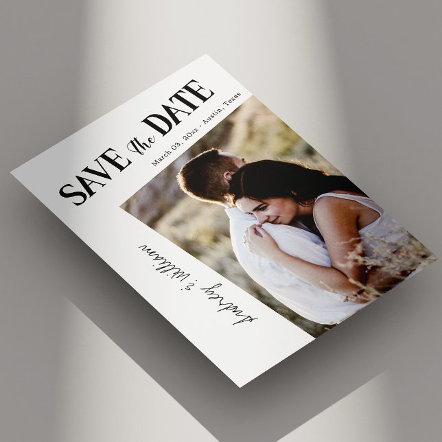 Modern markerat foto Spara datumkortet som minimal Inbjudningar (Modern Slanted Photo Save the Date Card Minimalist Personalized)