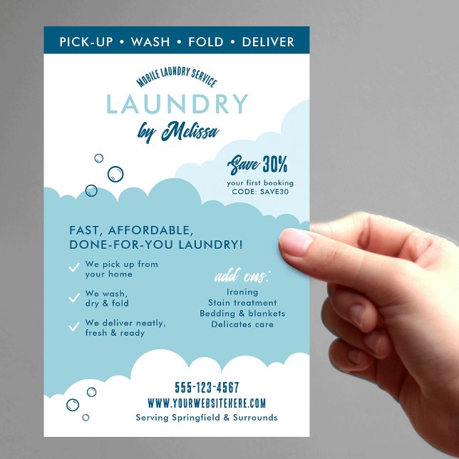 Modern marknadsföring för tvättservice tvättomat flygblad (Trendy laundry service marketing flyer in blue and white with fully editable text & QR code)
