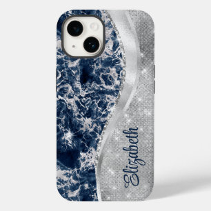 Modern marmor Blue Marble Silver Glitter Monogram