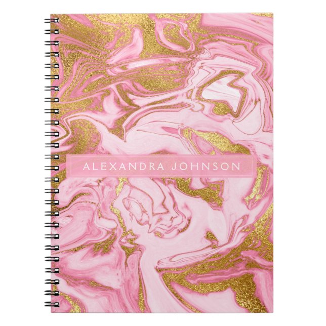 Modern marmor för shock rosa, vitt och guldblomma anteckningsbok (Framsidan)