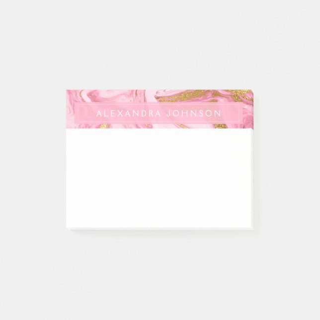 Modern marmor för shock rosa, vitt och guldblomma post-it block (Framsida)